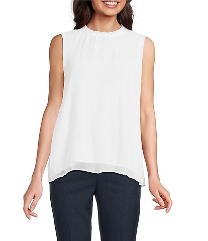 Calvin Klein Novelty Textured Ruffle Mock Neck Sleeveless Top