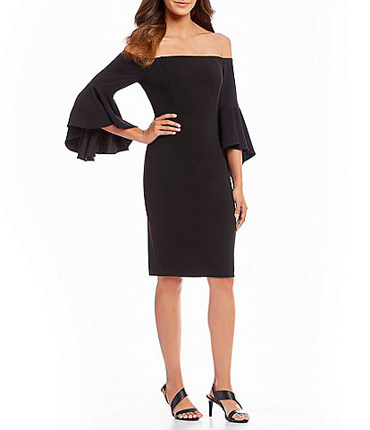 Calvin Klein Crepe Off-the-Shoulder 3/4 Flutter Bell Sleeve Sheath Dress