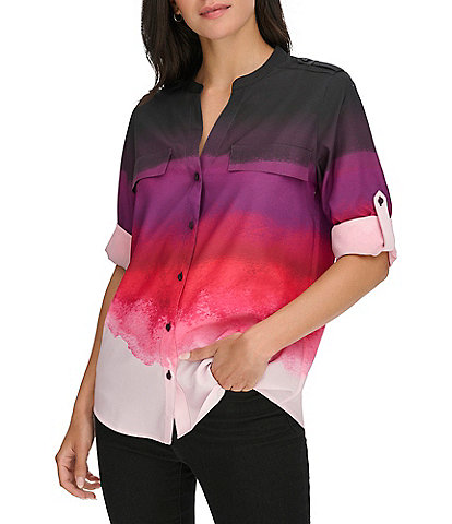 Calvin Klein Ombre Print Split V-Neck Roll-Tab Sleeve Button Front Top