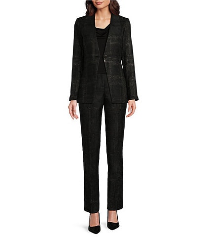 Calvin Klein One-Button Stand Collar Long Sleeve Jacket & Coordinating Metallic Novelty Jacquard Slim Leg Pant