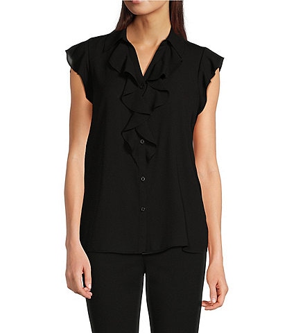 Calvin Klein Petite Size Collared V-Neck Flutter Cap Sleeve Cascading Ruffle Button Front Top