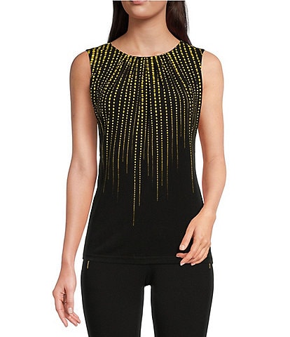 Calvin Klein Petite Size Dotted Striped Print Matte Jersey Pleated Jewel Neck Sleeveless Top
