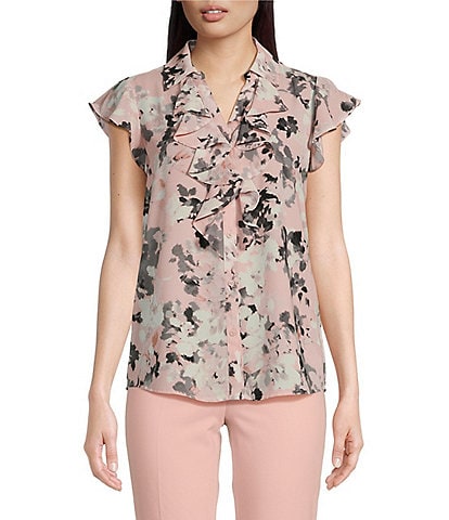 Calvin Klein Petite Size Floral Print Collared Ruffle Front Cap Sleeve Woven Top