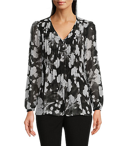 Calvin Klein Petite Size Floral Print V-Neck Long Puffed Sleeve Pleated Blouse