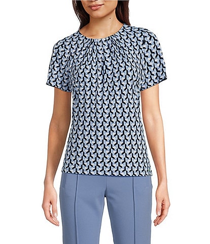 Calvin Klein Petite Size Geo Print Pleated Crew Neck Short Sleeve Cami Top