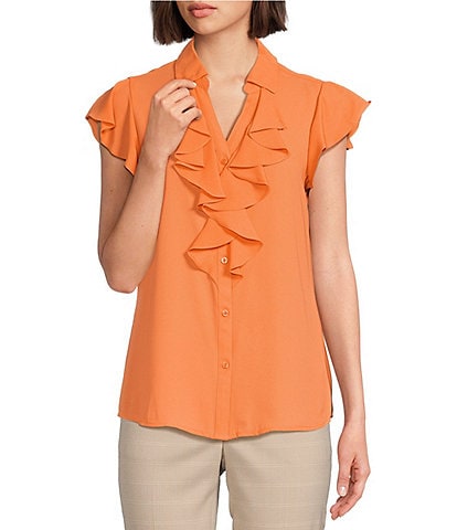 Calvin Klein Petite Size Georgette Point Collar V-Neck Short Sleeve Ruffled Button Front Top
