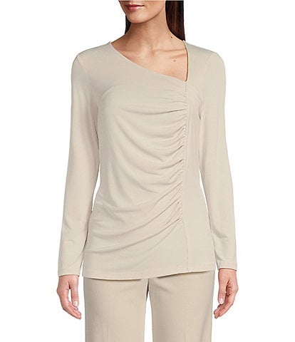 Calvin Klein Petite Size Knit Asymmetrical V-Neck Long Sleeve Ruched Front Top