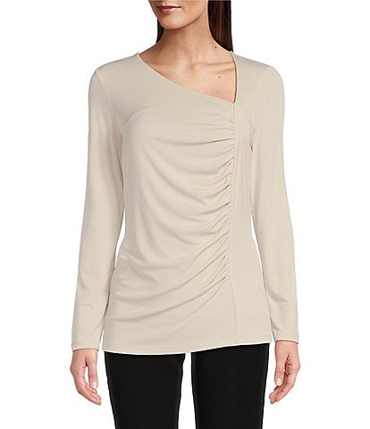Calvin Klein Petite Size Knit Asymmetrical V-Neck Long Sleeve Ruched Front Top