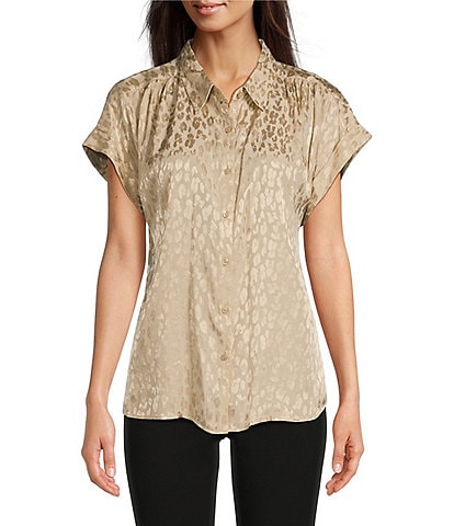 Calvin Klein Petite Size Leopard Jacquard Point Collar Short Cuffed Sleeve Pleated Shoulder Button-Front Blouse