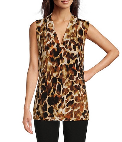 Calvin Klein Petite Size Leopard Print Knit Jersey V-Neck Sleeveless Cami