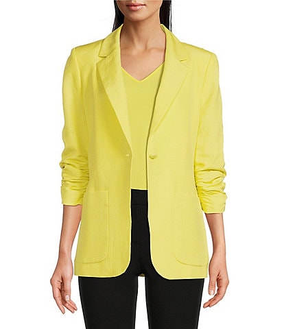 Calvin Klein Petite Size Linen Blend Notch Lapel Collar 3/4 Scrunch Sleeve One-Button Front Jacket