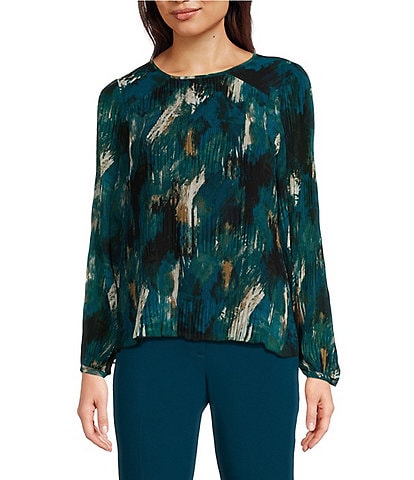 Calvin Klein Petite Size Printed Crew Neck Long Sleeve Chiffon Micro Accordion Pleated Top