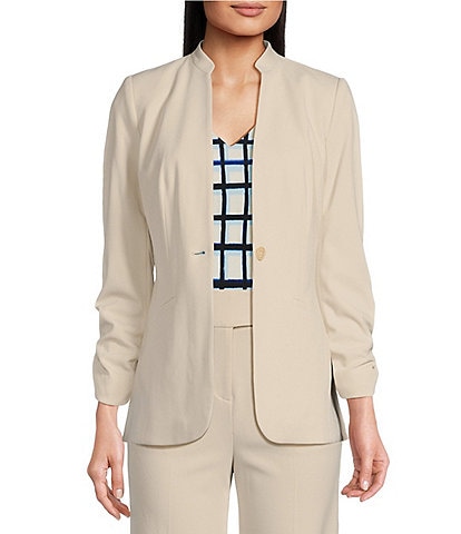 Calvin Klein Petite Size Scuba Crepe Mandarin Collar Pocketed Single Button Front Jacket