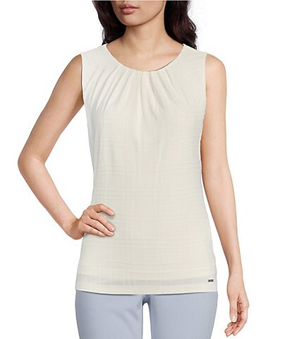 Calvin Klein Petite Size Solid Textured Novelty Pleated Round Neck Sleeveless Top