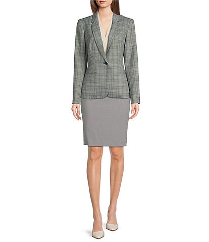 Calvin Klein Plaid Print Bust Dart Notch Lapel Long Sleeve Button Front Blazer & High Rise Luxe Stretch Pencil Skirt Suit