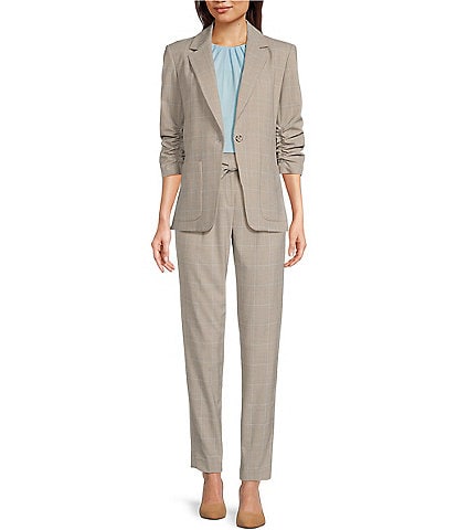 Calvin Klein Plaid Woven Notch Lapel Collar 3/4 Scrunch Sleeve Button-Front Coordinating Jacket