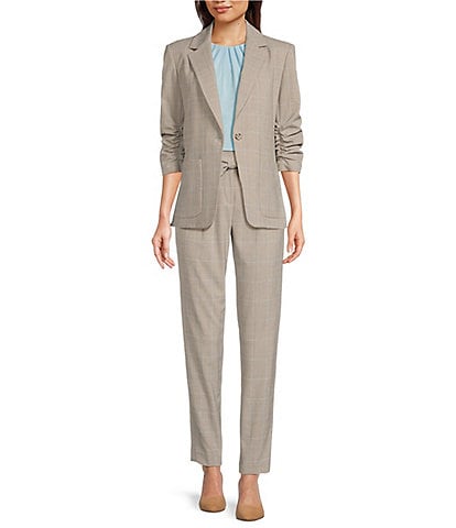 Calvin Klein Plaid Woven Notch Lapel Scrunch Sleeve Button-Front Jacket & Coordinating Tie Waist Ankle Pants