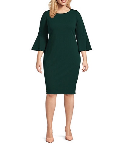 Calvin Klein Plus Size Round Neck 3/4 Bell Sleeve Sheath Dress