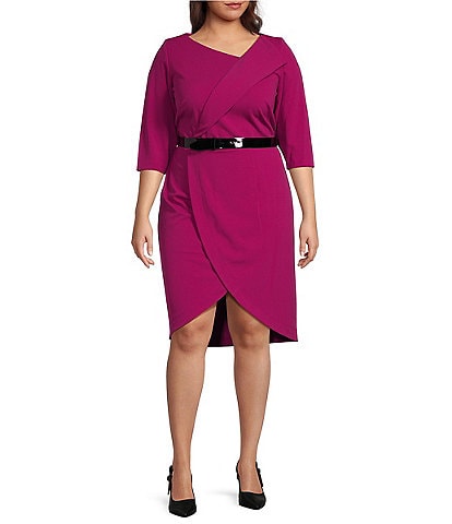 Calvin Klein Plus Size 3/4 Sleeve Asymmetrical Neck Belted Scuba Crepe Dress