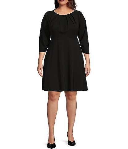 Calvin Klein Plus Size 3/4 Sleeve Pleated Scoop Neck Scuba Crepe A-Line Dress