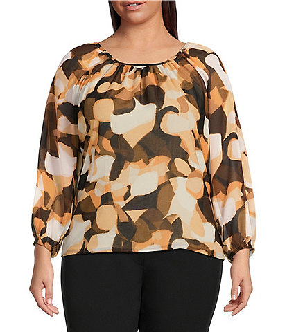 Calvin Klein Plus Size Abstract Paint Brush Stroke Scoop Neck Long Sleeve Top