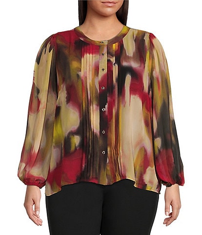 Calvin Klein Plus Size Abstract Print Chiffon Band Collar Pleat Front Raglan Sleeve Button Front Top