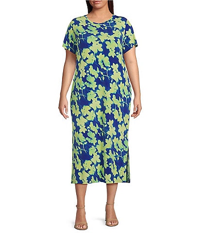Calvin Klein Plus Size Allover Floral Print Crew Neck Short Sleeve Sheath Dress