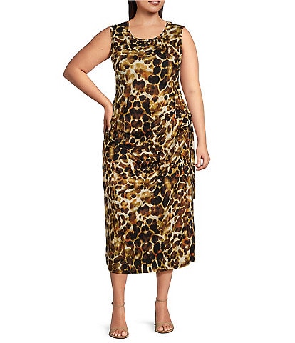 Calvin Klein Plus Size Animal Print Crew Neck Sleeveless Side Tie Pencil Midi Dress
