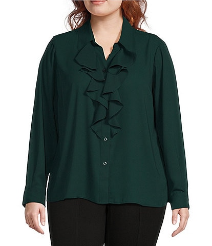 Calvin Klein Plus Size Collared Long Sleeve Ruffle Front Blouse