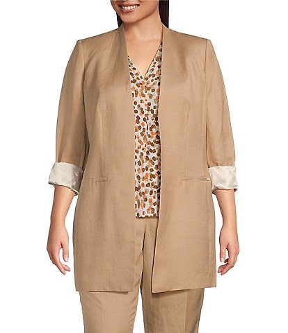 Calvin Klein Plus Size Contrast Lining Long Roll-Tab Sleeve Open Front Jacket