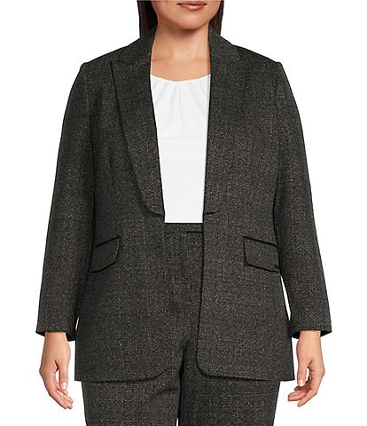 Calvin Klein Plus Size Cotton-Blend Shawl Collar Long Sleeve Open Front Herringbone Jacket