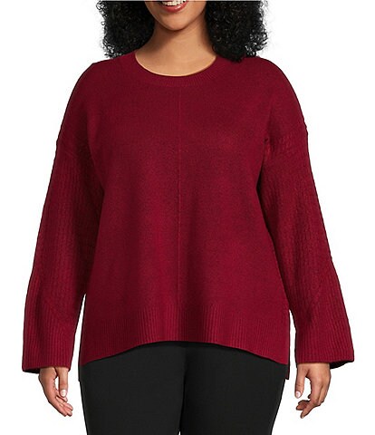 Calvin Klein Plus Size Crew Neck Dropped Shoulder Sleeve High-Low Hem Cable Knit Sweater