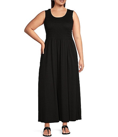 Calvin Klein Plus Size Scoop Neck Sleeveless Smocked Knit Jersey Maxi Dress