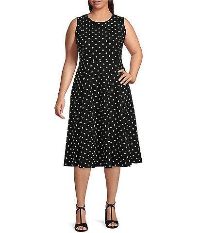 Calvin Klein Plus Size Dotted Print Sleeveless Scuba Crepe Fit and Flare Midi Dress