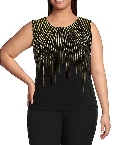 Calvin Klein Plus Size Dotted Striped Print Matte Jersey Pleated Crew Neck Sleeveless Top