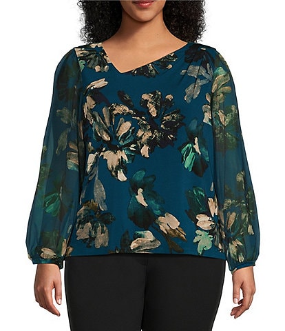 Calvin Klein Plus Size Floral Chiffon Long Sleeve Asymmetrical Neck Top