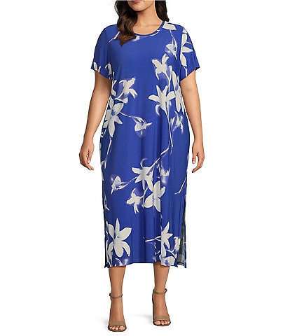 Calvin Klein Plus Size Floral Placement Print Crew Neck Short Sleeve Sheath Dress