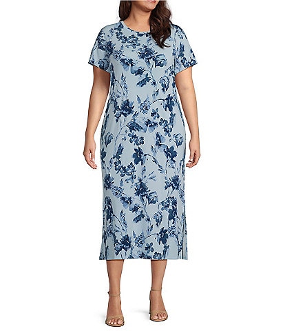 Calvin Klein Plus Size Floral Print Crew Neck Short Sleeve Side Slit Midi Dress