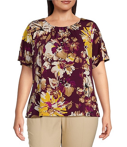 Calvin Klein Plus Size Floral Print Short Sleeve Pleat Neck Cami Top