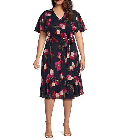 Calvin Klein Plus Size Floral Print Short Sleeve V-Neck Chiffon A-Line Midi Dress