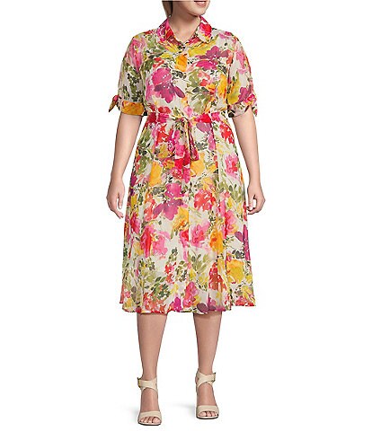 Calvin Klein Plus Size Floral Print Short Tie Sleeve Point Collar Tie Waist Chiffon Midi Shirt Dress