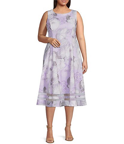 Calvin Klein Plus Size Floral Print Sleeveless Scuba Crepe Fit and Flare Dress