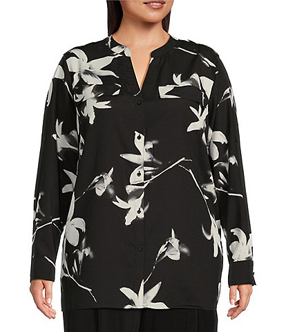 Calvin Klein Plus Size Floral Print Split Banded Collar Roll-Tab Sleeve Button Front Top