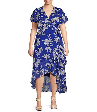 Calvin Klein Plus Size Floral Print Surplice V-Neck Short Flutter Sleeve High-Low Hem Dress