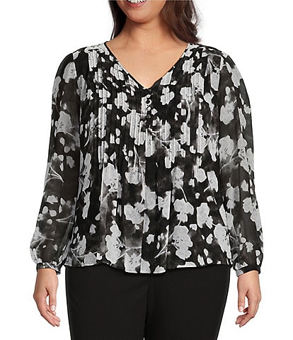 Calvin Klein Plus Size Floral Print V-Neck Long Puffed Sleeve Pleated Blouse