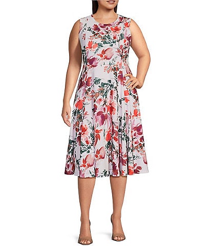 Calvin Klein Plus Size Floral Scuba Crepe Sleeveless Crew Neck Fit And Flare Dress