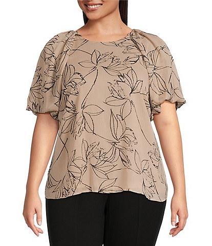 Calvin Klein Plus Size Floral Sketchy Floral Print Crinkle Woven Round Neck Pleated Bubble Raglans Sleeve Top