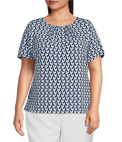 Calvin Klein Plus Size Geo Print Pleated Crew Neck Short Sleeve Reprocessed Polyester Top