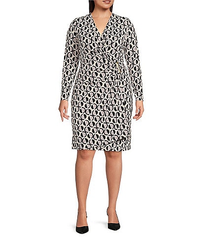 Calvin Klein Plus Size Geometric Print Long Sleeve Surplice V-Neck Faux Wrap Dress