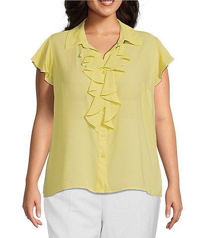 Calvin Klein Plus Size Georgette Point Collar V-Neck Short Sleeve Ruffled Button Front Blouse